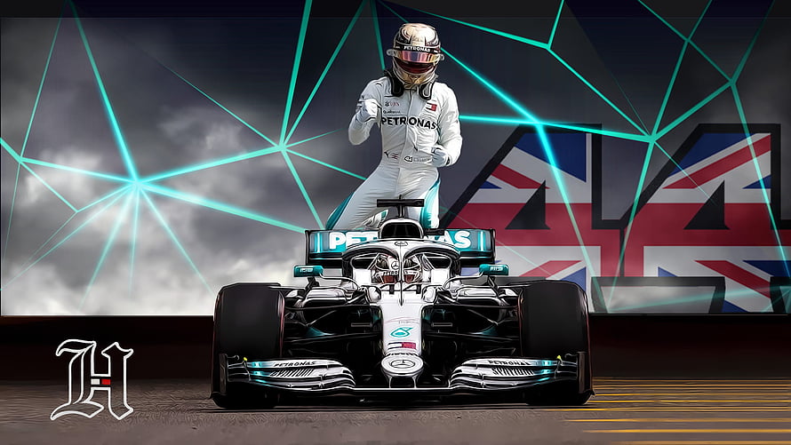Lewis Hamilton in Mercedes Petronas F1 Car with British Flag and Neon Geometric Background HD wallpaper