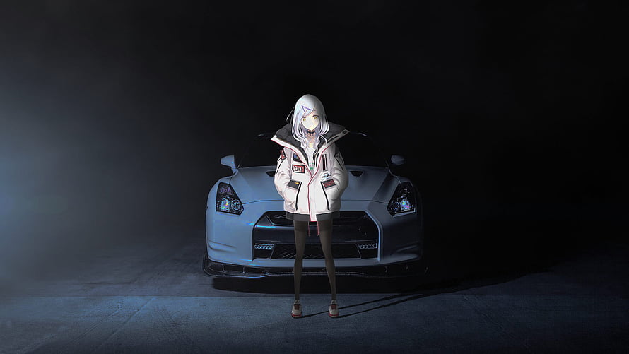 Anime Girl Standing in Front of White Nissan GT-R R35 in Dark Studio Setting HD wallpaper