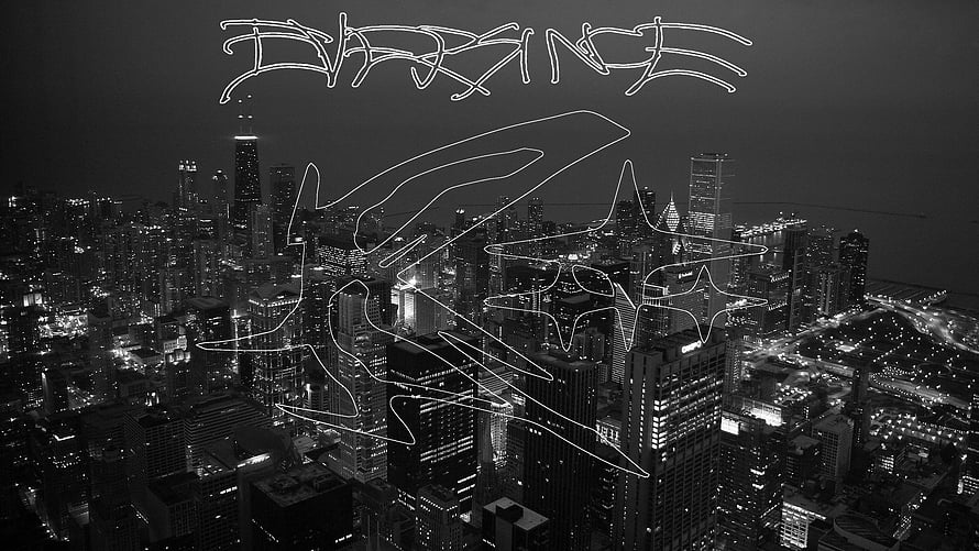Drain Gang Stylized Typography Over Black and White Aerial Cityscape at Night HD wallpaper