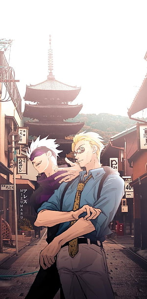 Gojo and Nanami anime duo embracing in a Japanese street with a pagoda in the background HD phone wallpaper