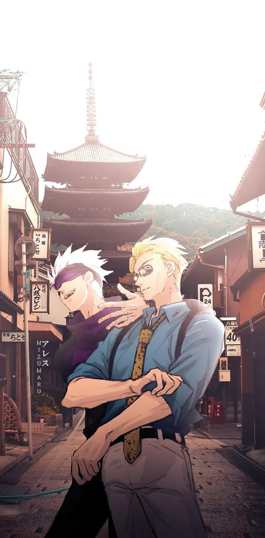 Gojo and Nanami anime duo embracing in a Japanese street with a pagoda in the background HD phone wallpaper