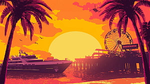 GTA V Aesthetic Sunset Harbor Scene With Ferris Wheel, Yacht, and Palm Trees in Retro Style HD wallpaper