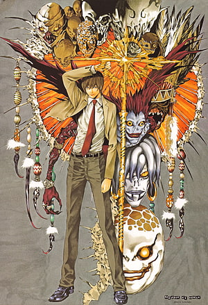 Light Yagami from Death Note in a business suit surrounded by ornate skulls and a ceremonial staff HD phone wallpaper