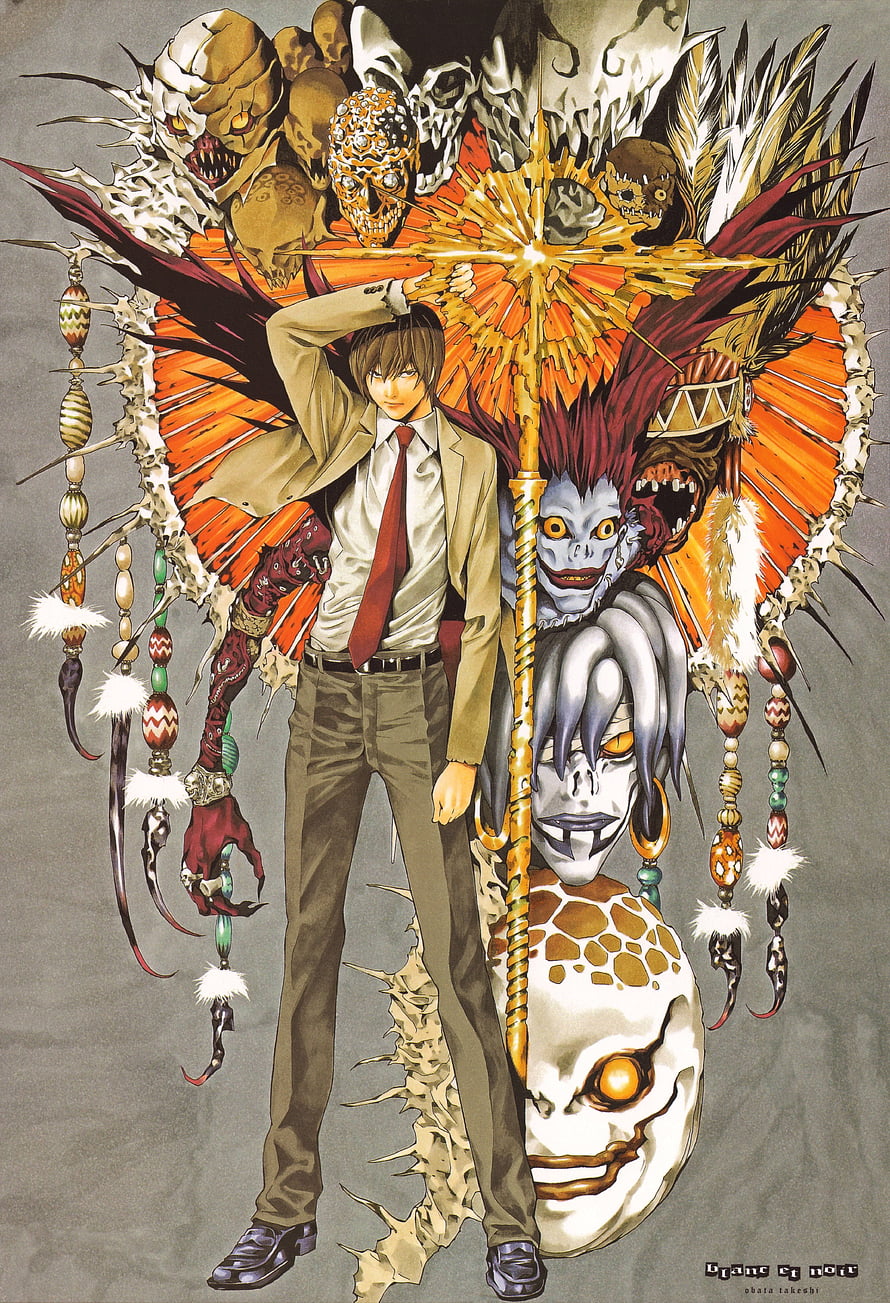 Light Yagami from Death Note in a business suit surrounded by ornate skulls and a ceremonial staff HD phone wallpaper