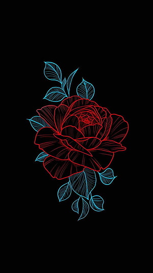 Neon Rose Line Art with Cyan Leaves on Black Background HD phone wallpaper