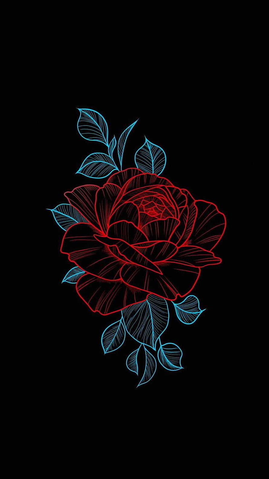 Neon Rose Line Art with Cyan Leaves on Black Background HD phone wallpaper