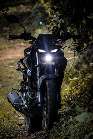 Yamaha MT-15 Black Motorcycle Parked on Forest Trail with Headlights On HD phone wallpaper