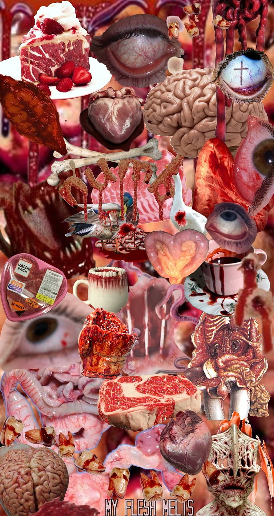 Gorecore Collage Featuring Raw Meat, Human Organs, and Disturbing Body Horror Elements HD phone wallpaper