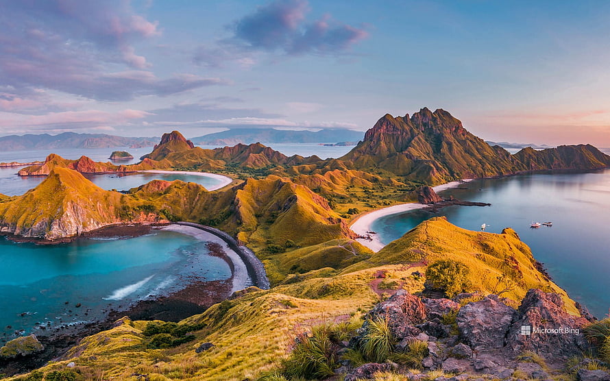 Aerial View of Komodo National Park Islands and Turquoise Bays in Flores Indonesia HD wallpaper
