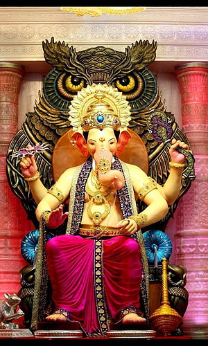 Ganesha Murti Seated on Ornate Throne with Golden Crown and Pink Dhoti HD phone wallpaper