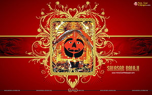 Salasar Balaji Hindu Deity Portrait with Ornate Gold Floral Frame on Deep Red Background HD wallpaper