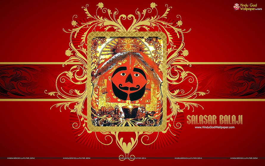 Salasar Balaji Hindu Deity Portrait with Ornate Gold Floral Frame on Deep Red Background HD wallpaper