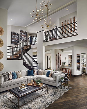 Modern Luxury Living Room With Double Height Ceiling And Statement Chandelier HD phone wallpaper