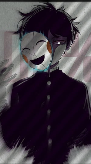 Dark Anime Character with Split Face Mask and Black Uniform HD phone wallpaper