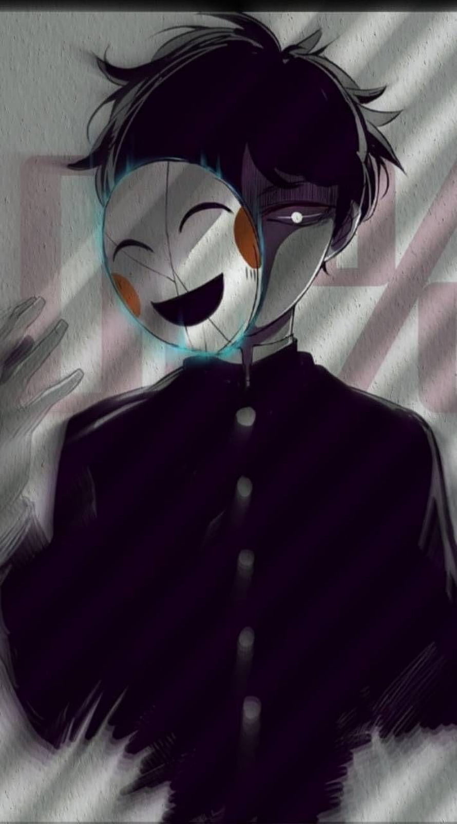 Dark Anime Character with Split Face Mask and Black Uniform HD phone wallpaper