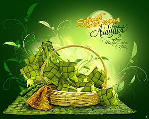 Green Ketupat in Wicker Basket for Hari Raya Aidilfitri Celebration HD wallpaper