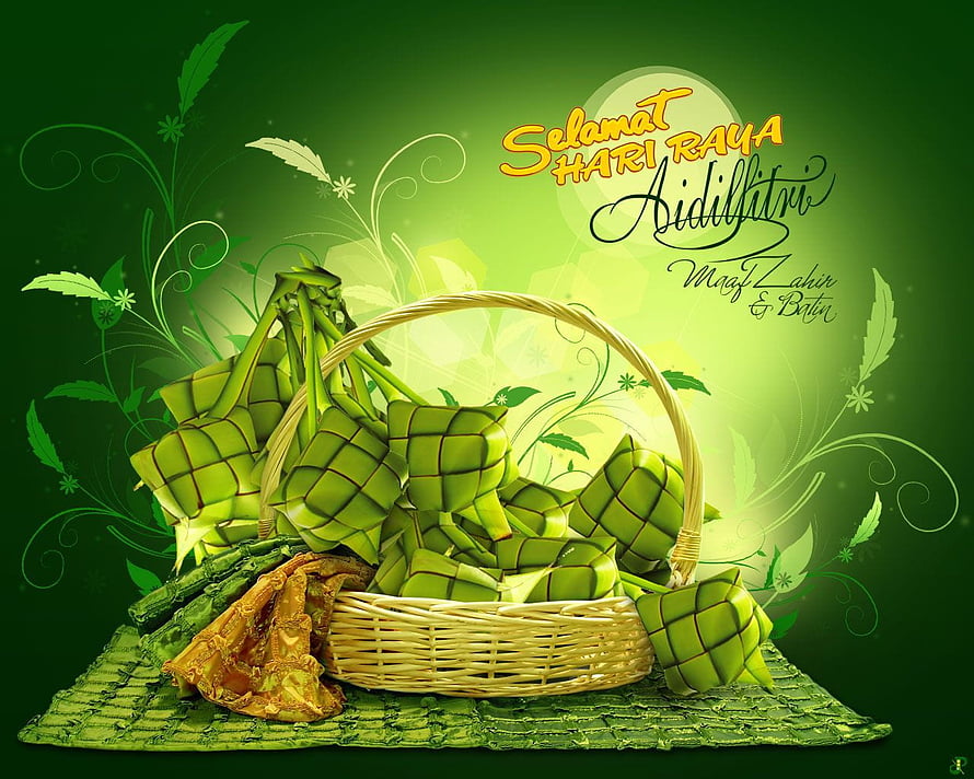 Green Ketupat in Wicker Basket for Hari Raya Aidilfitri Celebration HD wallpaper