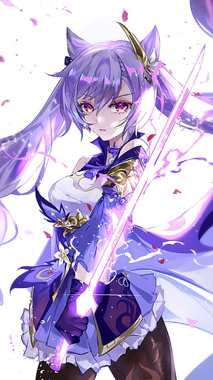 Keqing from Genshin Impact Wielding a Glowing Purple Sword in an Anime Style HD phone wallpaper