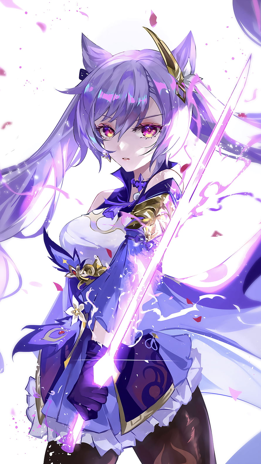 Keqing from Genshin Impact Wielding a Glowing Purple Sword in an Anime Style HD phone wallpaper