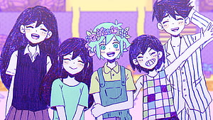 Omori Group of Five Friends in Hand-Drawn Anime Style with Purple and Green Palette HD wallpaper