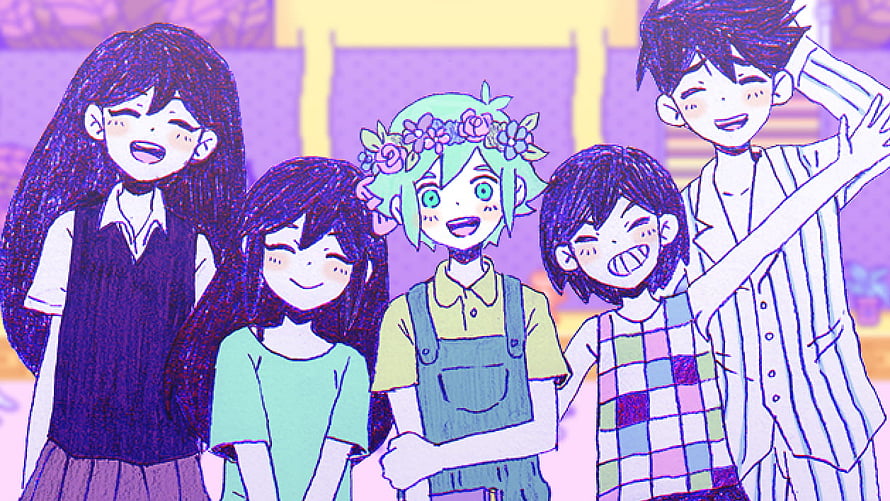 Omori Group of Five Friends in Hand-Drawn Anime Style with Purple and Green Palette HD wallpaper