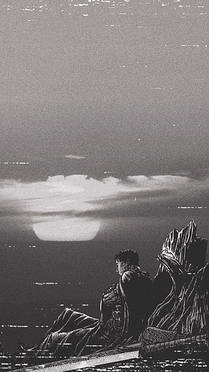 Berserk Manga Panel of Guts Sitting by the Sea in Black and White HD phone wallpaper