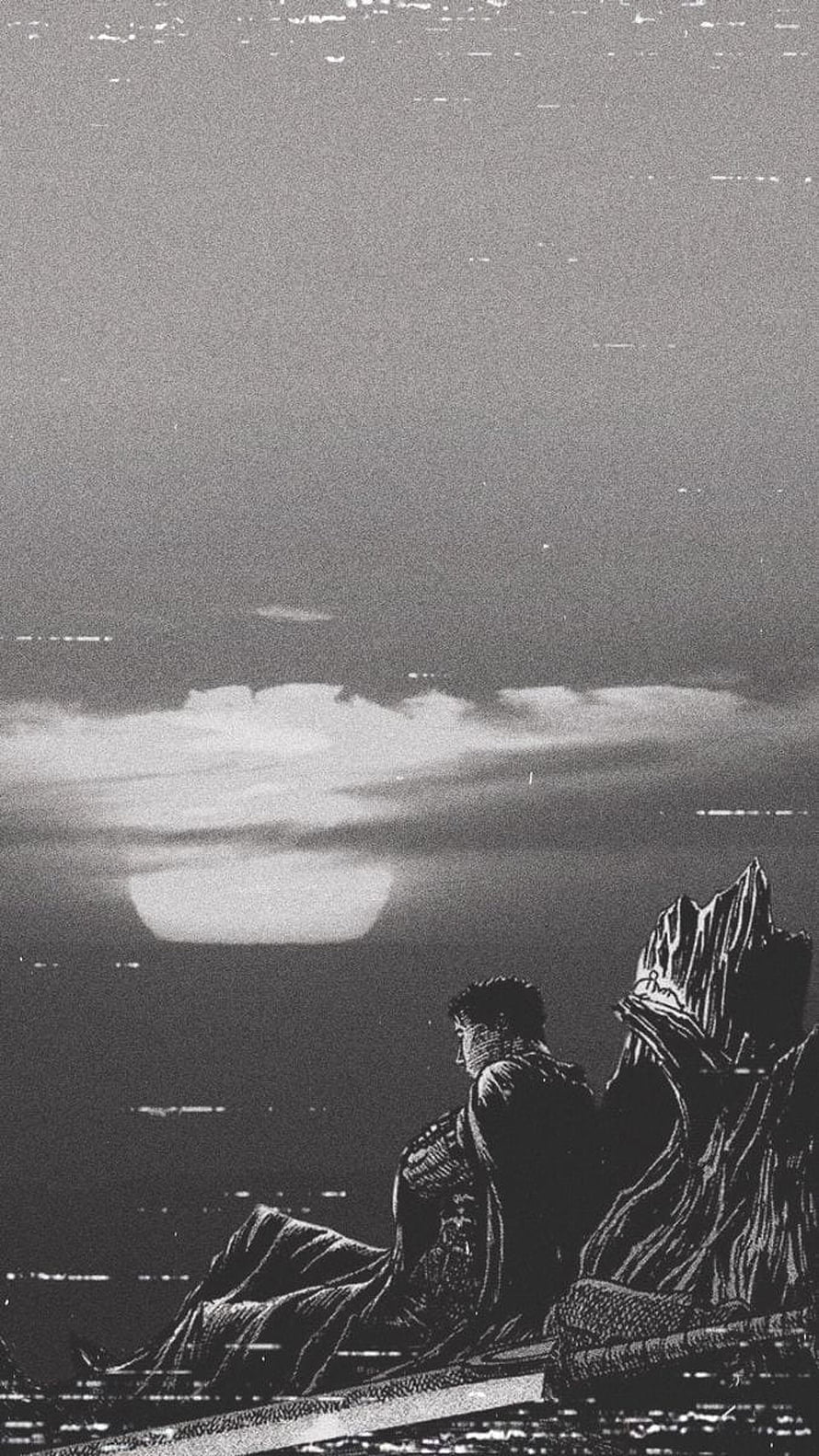 Berserk Manga Panel of Guts Sitting by the Sea in Black and White HD phone wallpaper