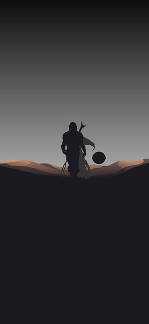 The Mandalorian Minimalist Silhouette Walking Through Desert Dunes at Dusk HD phone wallpaper