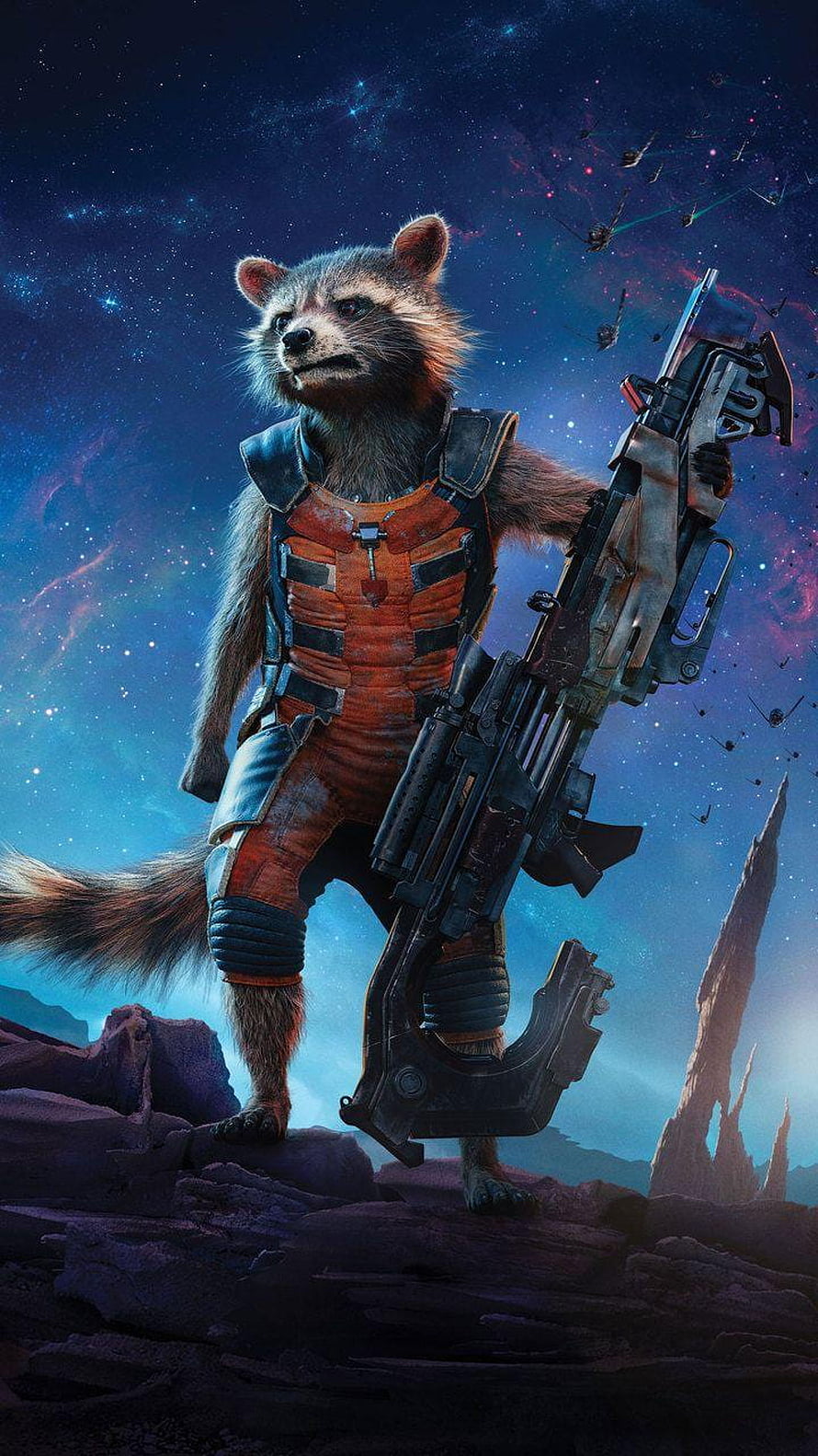 Rocket Raccoon from Guardians of the Galaxy standing on a rocky alien landscape holding a large sci-fi weapon under a starry nebula sky HD phone wallpaper