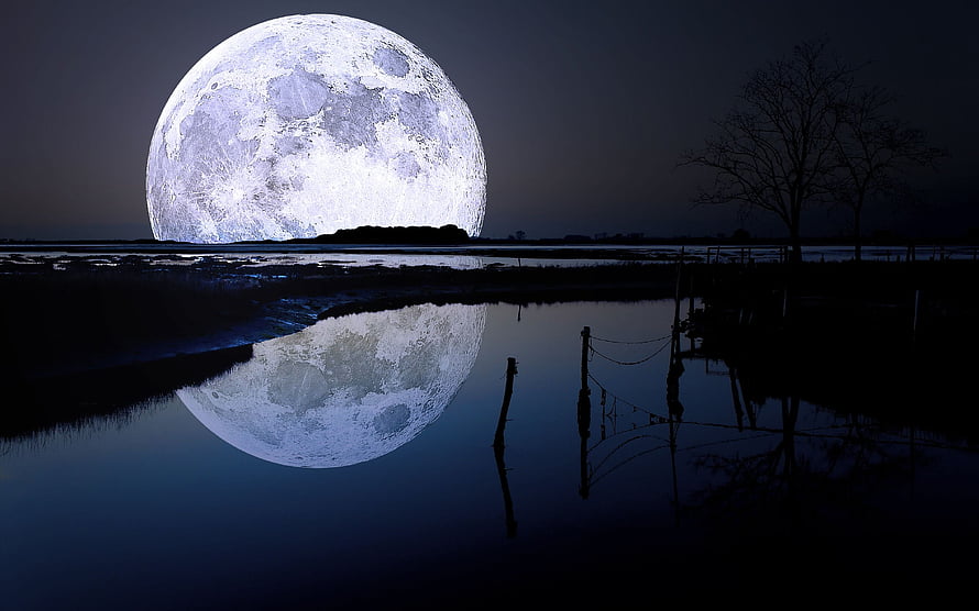 Giant Super Moon Rising Over Calm Lake With Perfect Reflection HD wallpaper