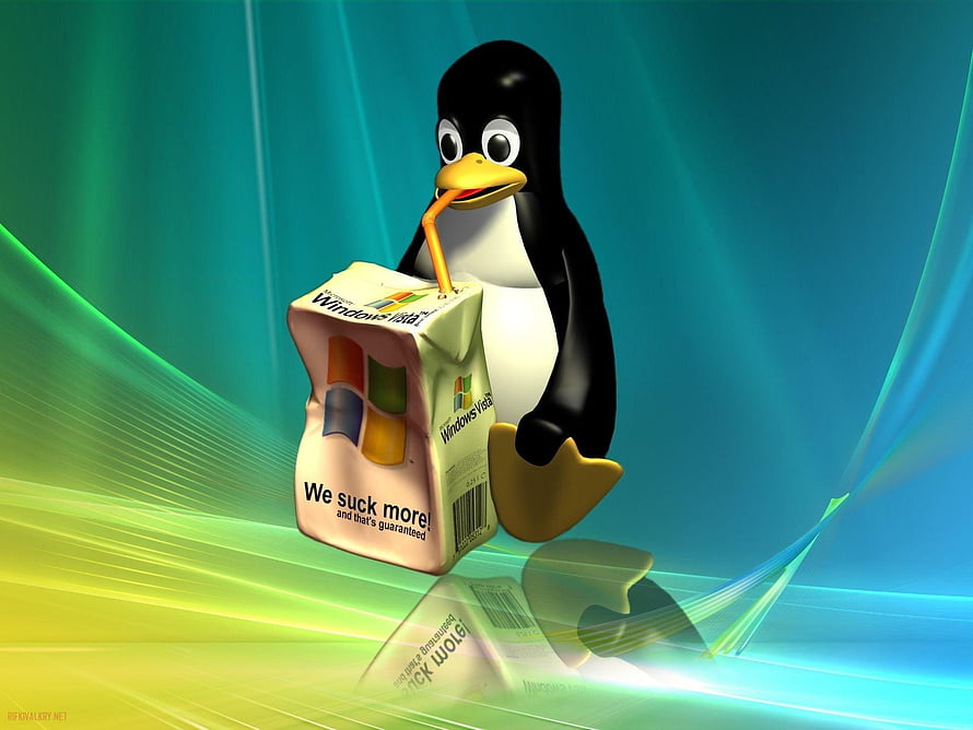 Tux the Linux Penguin Sipping a Windows Vista Juice Box Against a Neon Gradient Background HD wallpaper