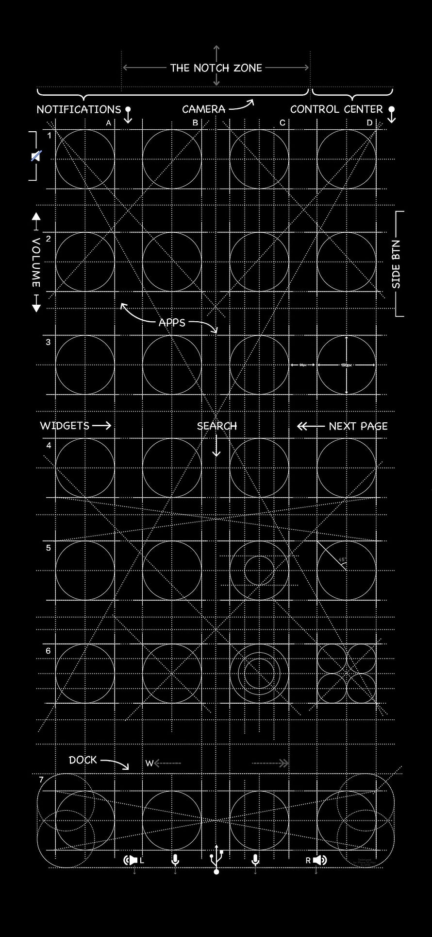 iPhone Home Screen Grid Blueprint with App Icon Layout and UI Annotations HD phone wallpaper