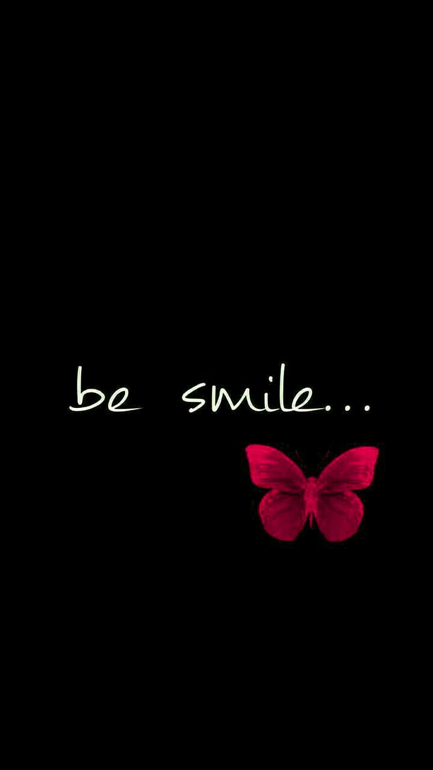 Minimalist black background with a vibrant red butterfly and handwritten be smile text HD phone wallpaper