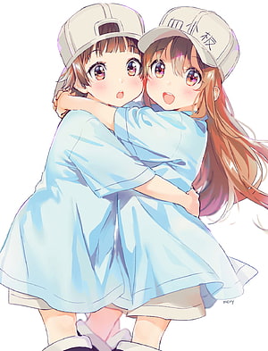 Two Anime Girls in Matching Blue Dresses and Caps Embracing in a Warm Hug HD phone wallpaper