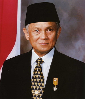 Portrait of B.J. Habibie, Former President of Indonesia, in Formal Attire with National Flag HD phone wallpaper