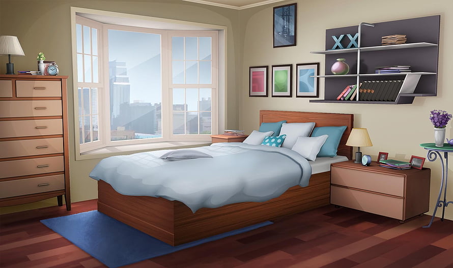 Illustrated Modern Bedroom Interior With City View And Wooden Furniture HD wallpaper