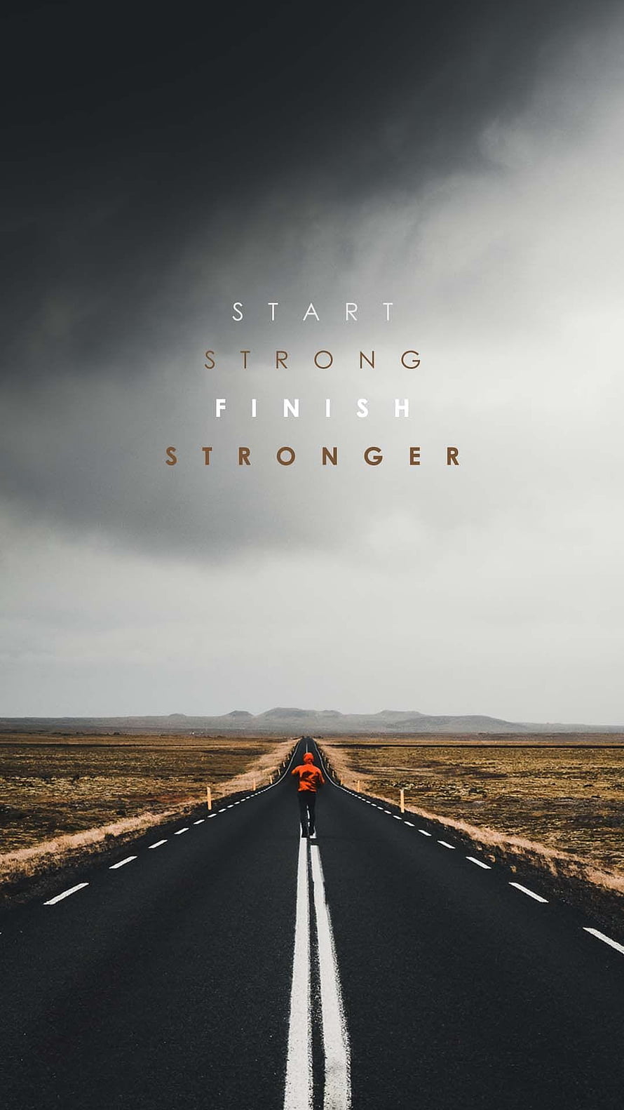 Lone Runner on Empty Highway Under Dramatic Stormy Sky with Motivational Quote HD phone wallpaper