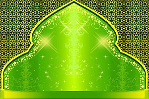 Green Islamic Arch Frame with Gold Star Border and Geometric Pattern Background HD wallpaper