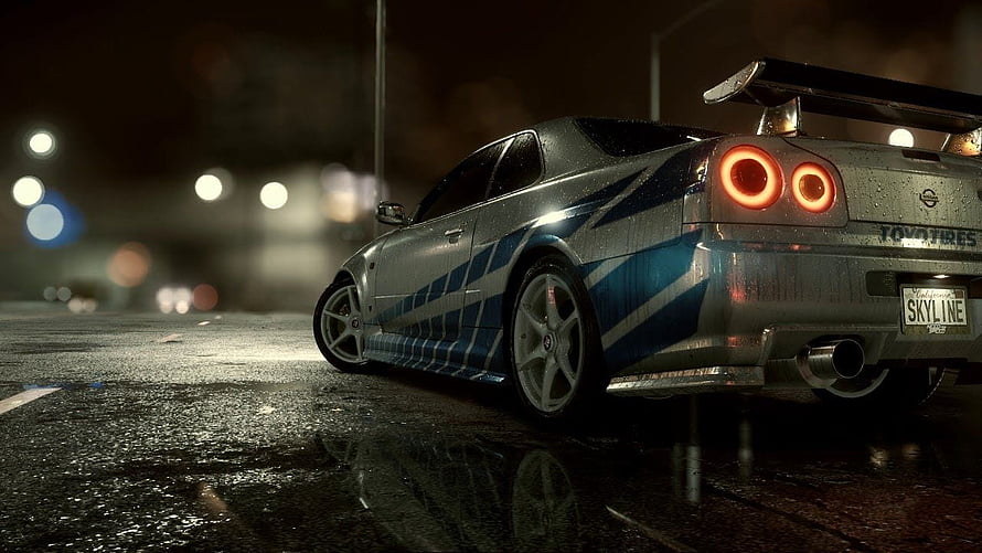 Nissan Skyline GT-R R34 Night Street Scene with Wet Asphalt and Bokeh Lights HD wallpaper