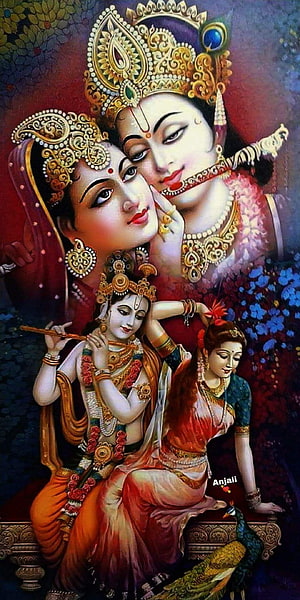 Radha Krishna Devotional Artwork with Peacock and Floral Background HD phone wallpaper