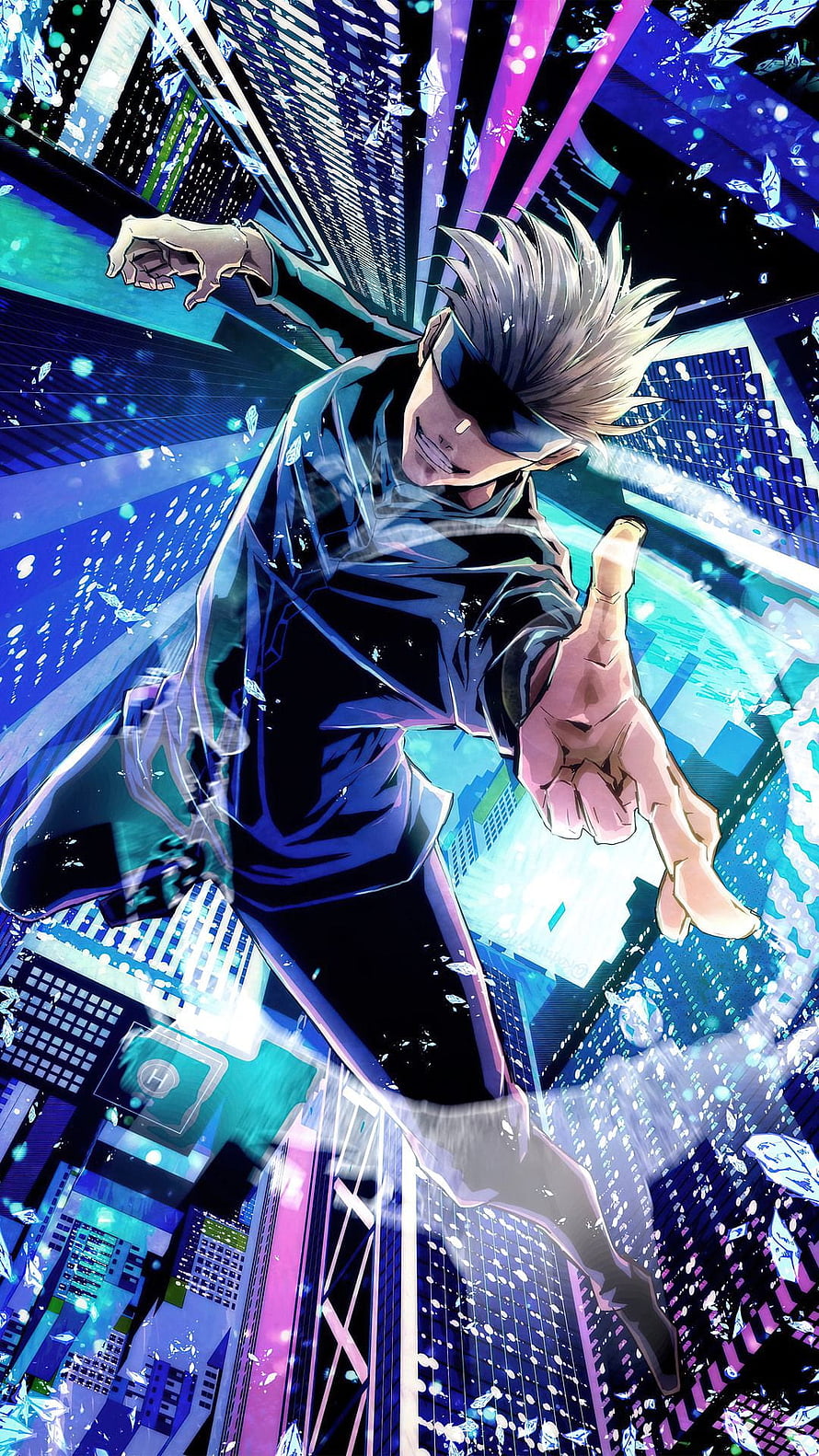 Gojo Satoru from Jujutsu Kaisen Leaping Over a Neon Cityscape in Dynamic Anime Art HD phone wallpaper