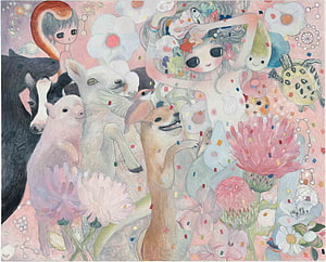 Aya Takano Whimsical Illustration Featuring Animals, Flowers, and Fantasy Characters HD wallpaper