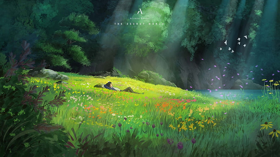 The Secret World by Alinea Ravai: A Person Resting in a Sunlit Forest Meadow HD wallpaper