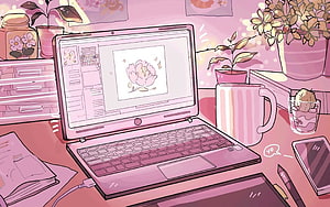 Cozy Pink Digital Art Workspace with Laptop, Plants, and Floral Illustration HD wallpaper
