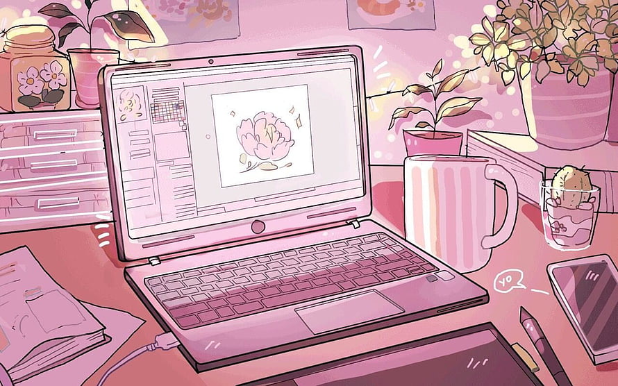 Cozy Pink Digital Art Workspace with Laptop, Plants, and Floral Illustration HD wallpaper