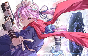 Minato Aqua Anime Character Holding Pistol With Red Cape And Blue Outfit HD wallpaper