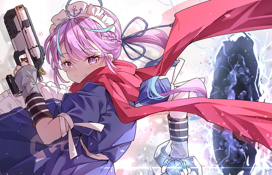 Minato Aqua Anime Character Holding Pistol With Red Cape And Blue Outfit HD wallpaper