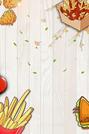 Cute Cartoon Fast Food Frame with Fries, Burger, and Ketchup on Light Wood Background HD phone wallpaper