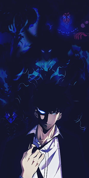 Solo Leveling Anime Character with Glowing Blue Eyes and Dark Shadow Energy HD phone wallpaper