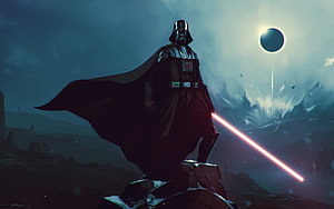 Darth Vader Standing on Rocky Outcrop with Red Lightsaber Under Eclipsed Moon HD wallpaper